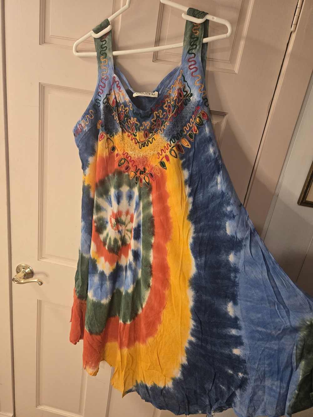 Tie-Dye Sleeveless Boho Dress with Embroidered Neckline One Size